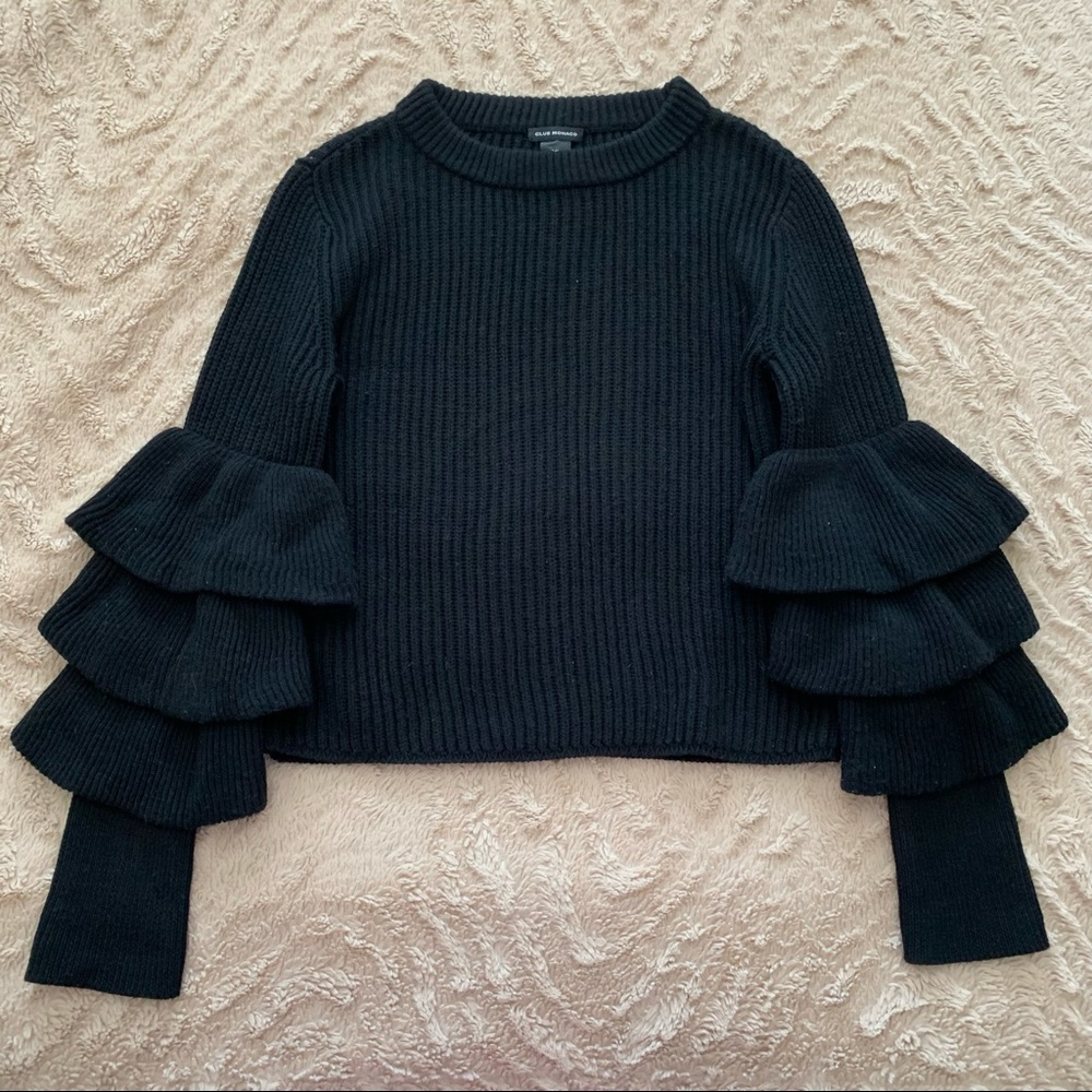 Club Monaco Asal Sweater 100% Wool Knit Crewneck Pullover Tiered Ruffle Sleeves